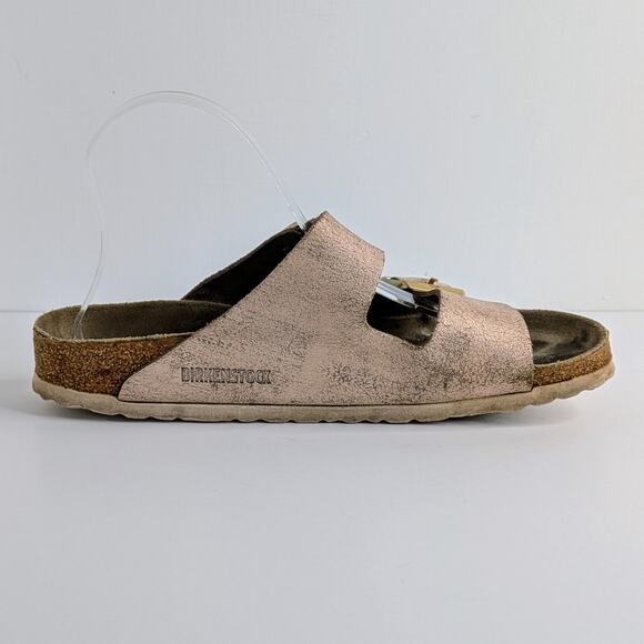 Birkenstock Sandals Arizona EU 40 Pink Gold Flat Slides Leather Open Toe Slip On - Picture 9 of 15